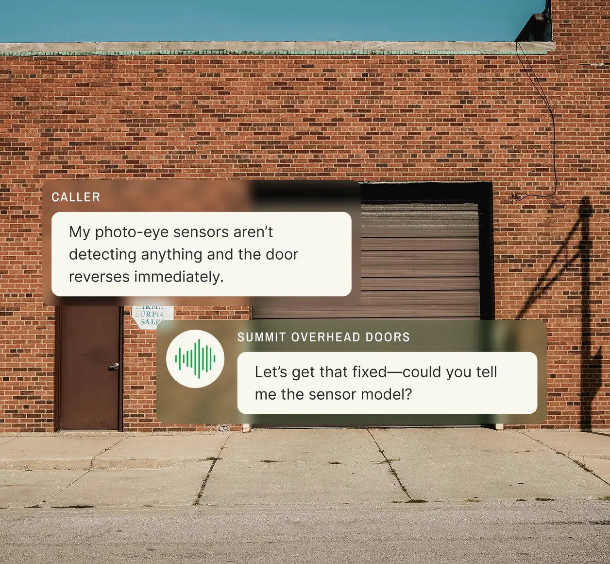 A text exchange shows a caller reporting photo-eye sensors reversing the door and a garage door phone answering service rep asking for the sensor model.
