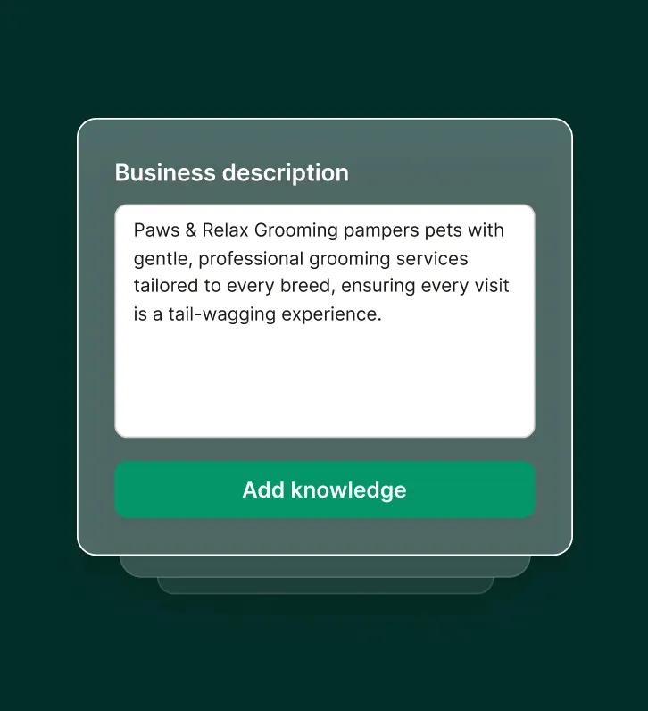 Business description setup screen for pet grooming answering service adding customized knowledge.