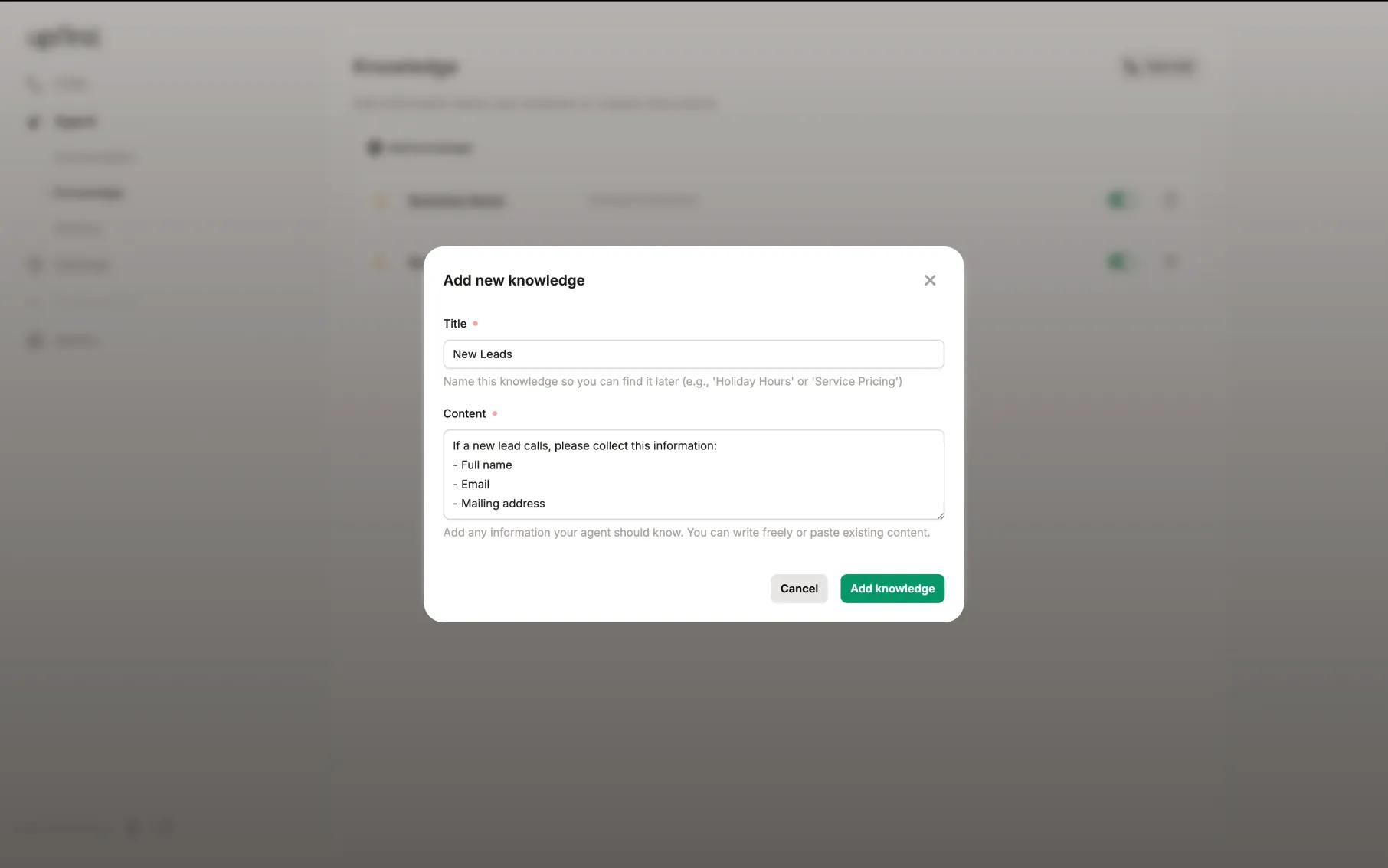 Upfirst's knowledge panel which allows user to input custom instructions for voicemail assistant 