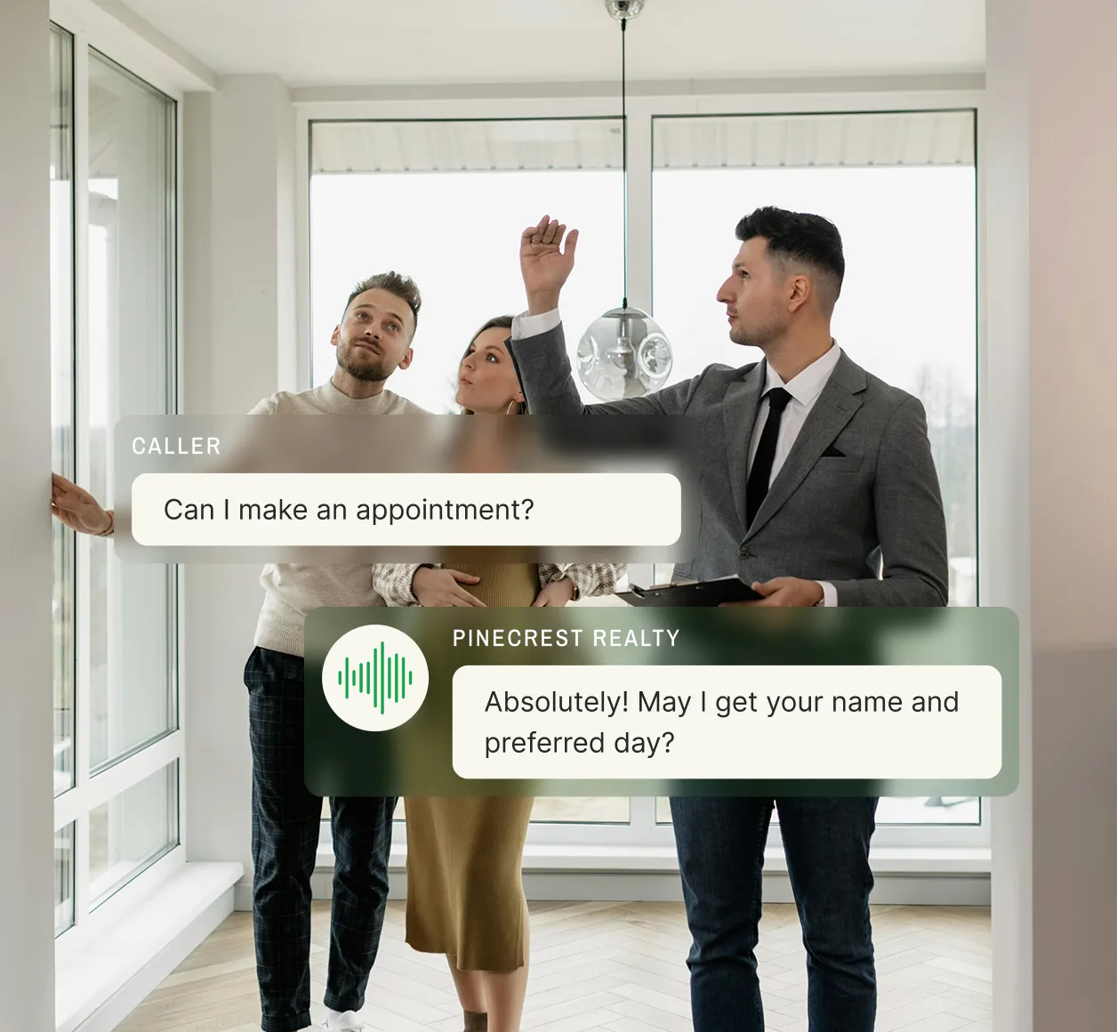 A phone prompt system handles a real estate call, asking for the caller’s name and preferred day after they request an appointment.