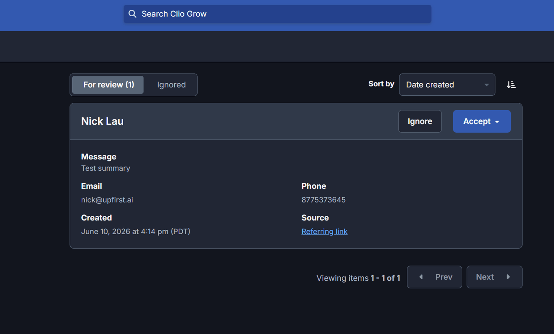 Test lead appearing in the Clio Grow inbox