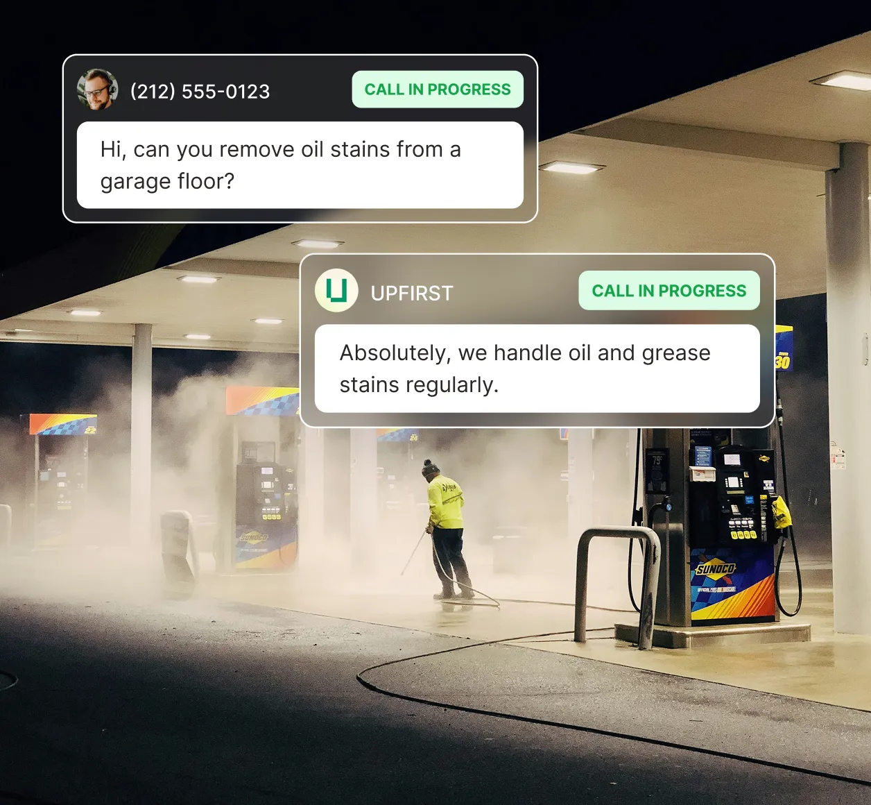 An answering service for power washing companies confirms that oil and grease stain removal is available when a customer calls to ask.