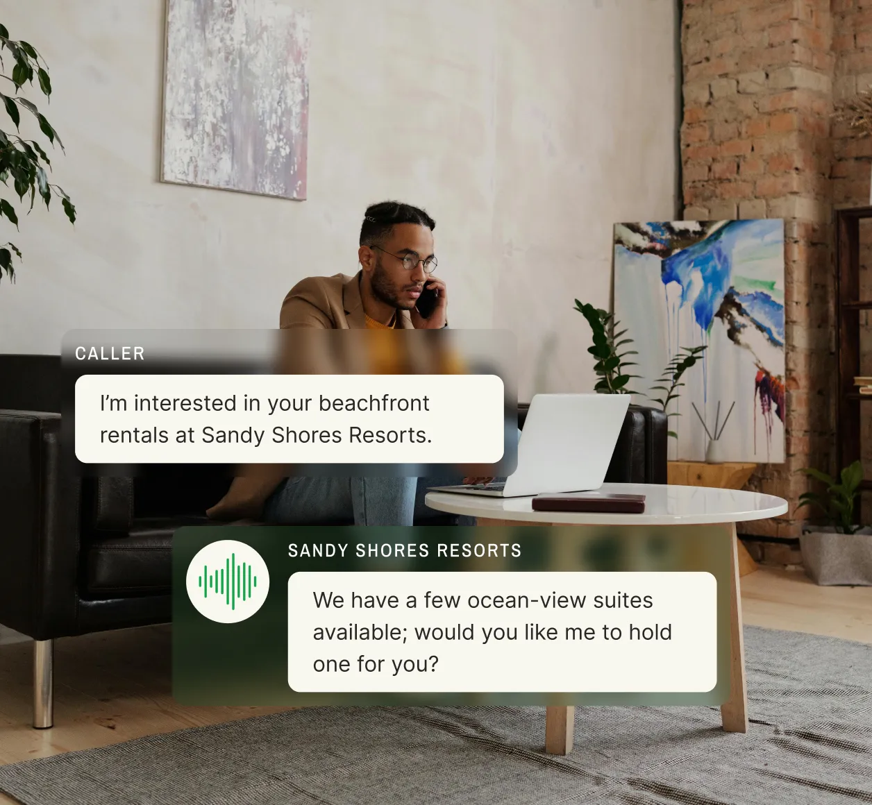 A man in a modern living room speaks on the phone while using a laptop, showcasing a franchise answering service handling beachfront rental inquiries.