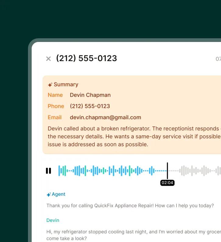 A dashboard shows an appliance repair call transcript and summary with customer contact details and service notes.