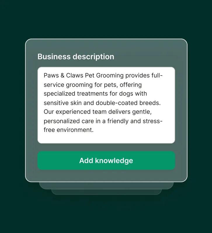 A phone prompt system interface shows how to add a business description for personalized customer handling.