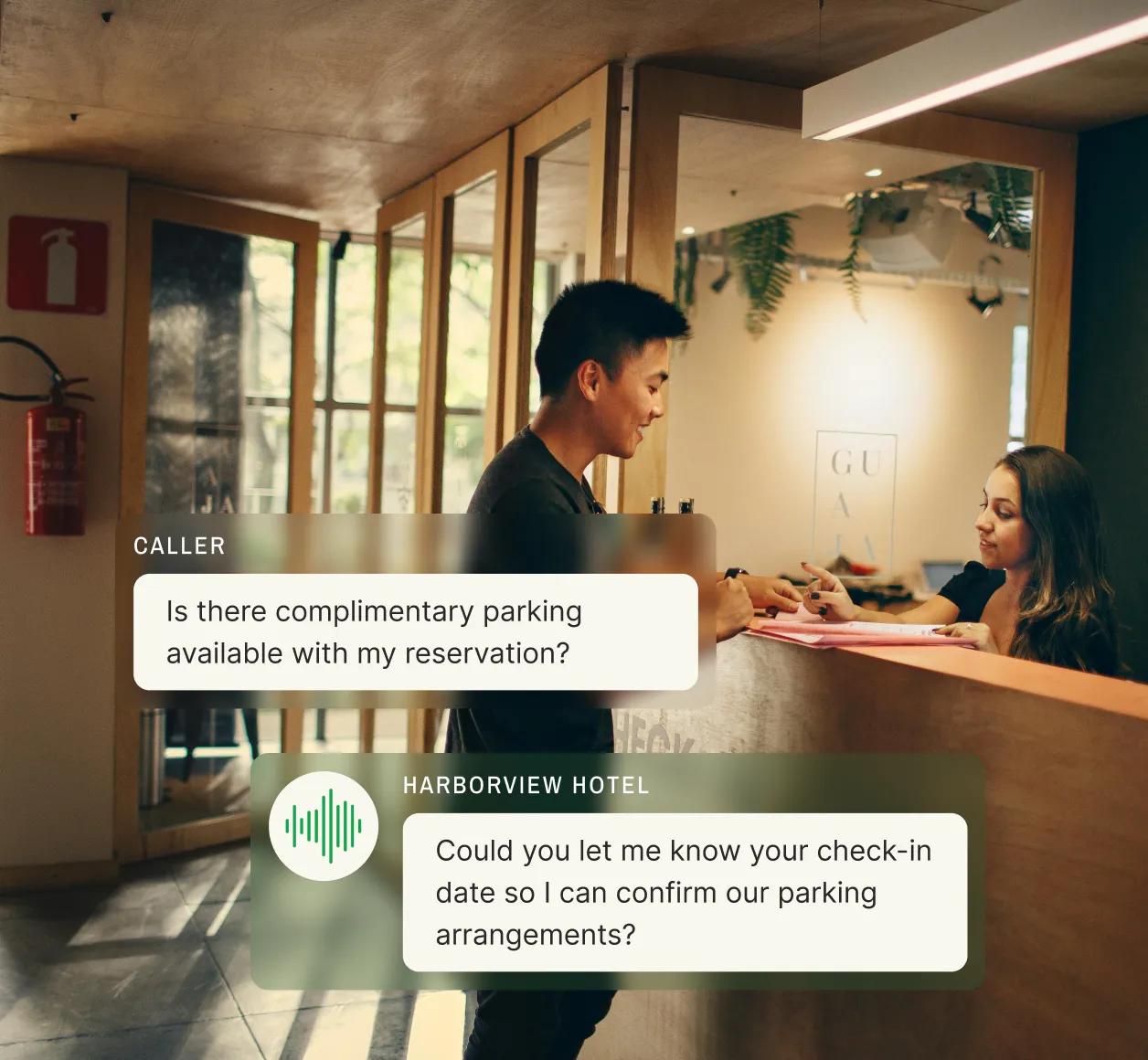 A hotel front desk scene with a guest speaking to a receptionist, showing a caller asking about complimentary parking and the hospitality answering service requesting a check-in date to confirm availability.