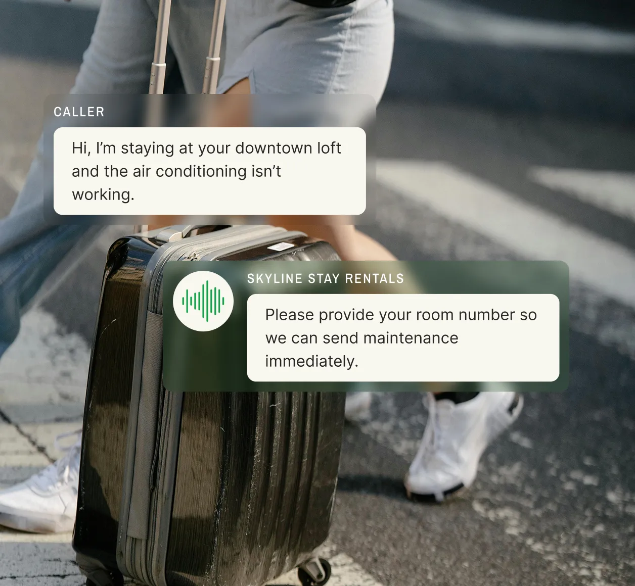A vacation rental answering service responds to a guest reporting broken air conditioning by asking for the room number.