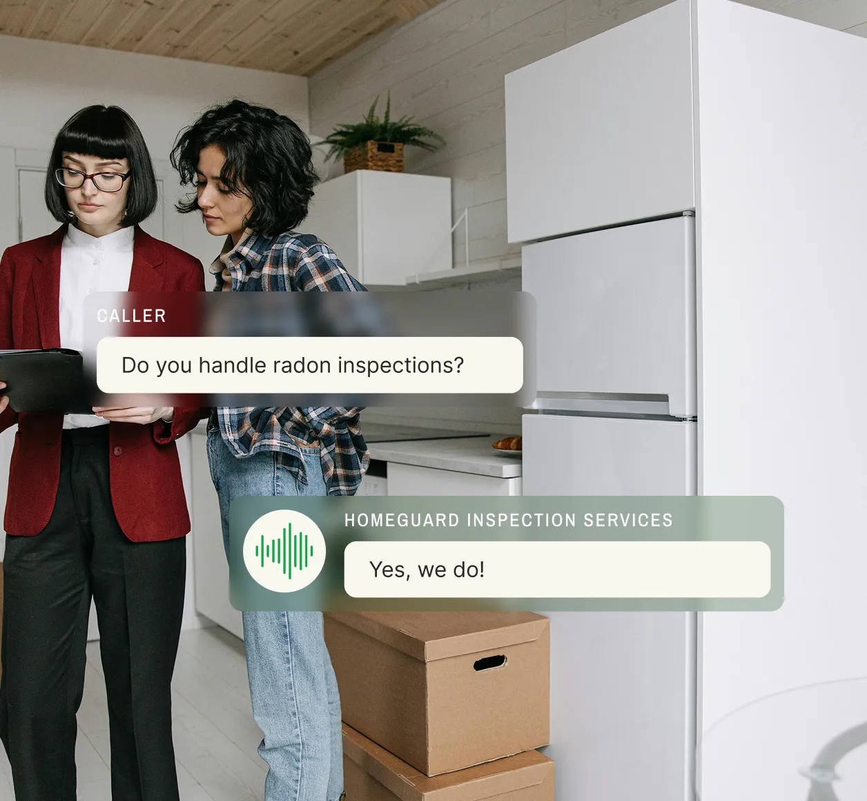 A caller asks about radon inspections, and the answering service for home inspectors confirms they provide it.
