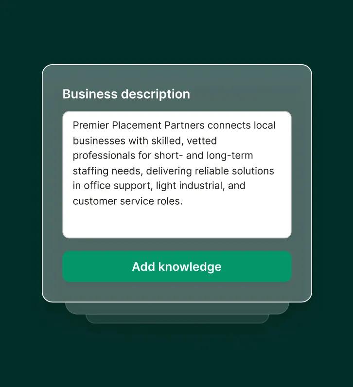 A business profile is added to an answering service for a marketing agency, including details on social media and campaign strategy.