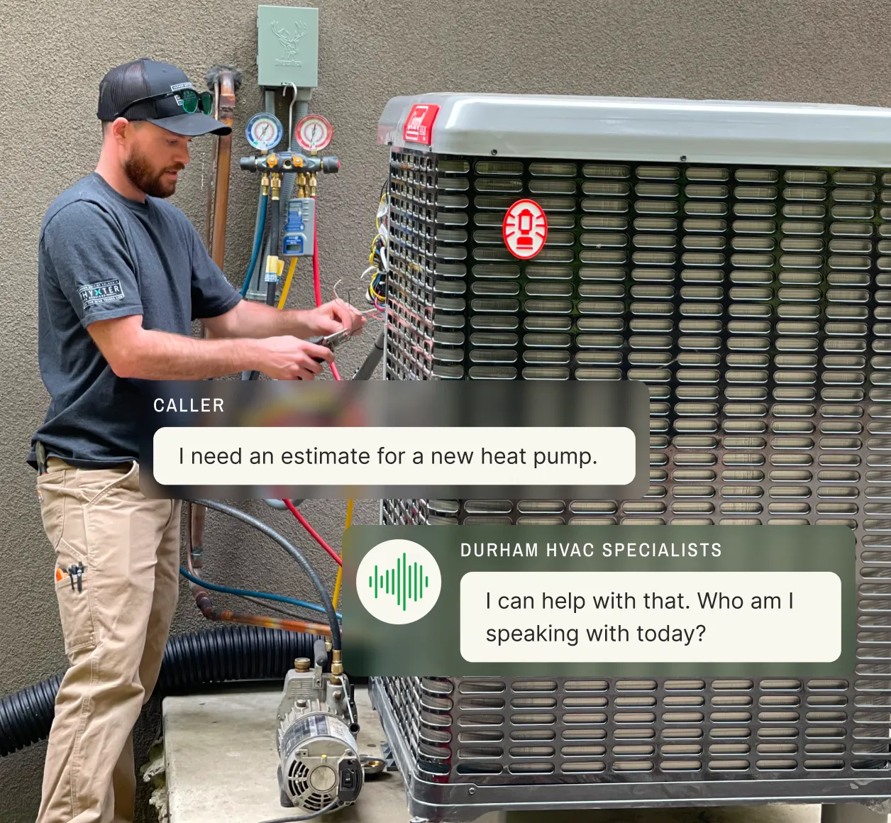 HVAC technician servicing an outdoor heat pump unit while Durham HVAC Specialists' professional answering service gathers customer information for estimate