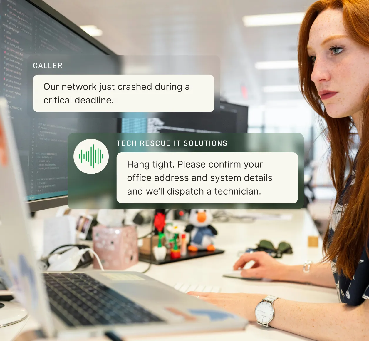 An IT professional looks at a computer screen as a dispatch answering service assists a caller reporting a network crash, confirming their office address and system details.
