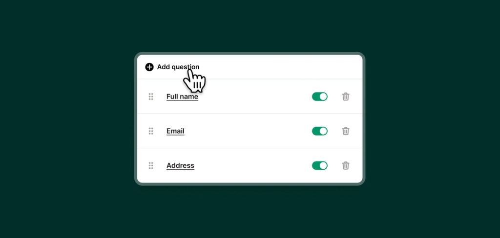 AI receptionist Zapier integration settings showing customizable question fields for full name, email, and address