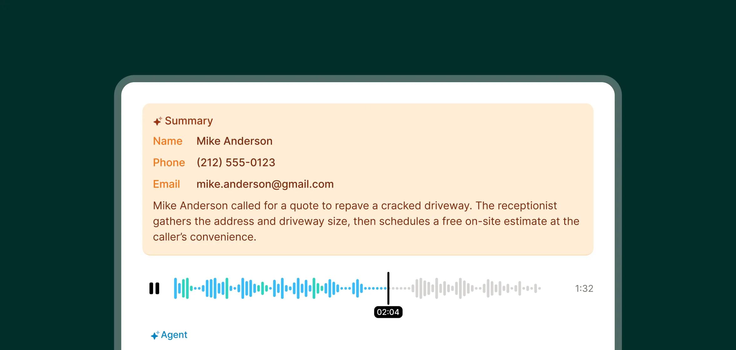 Detailed call transcript showing contact information and project summary for paving estimate request made to a paving contractors answering service..