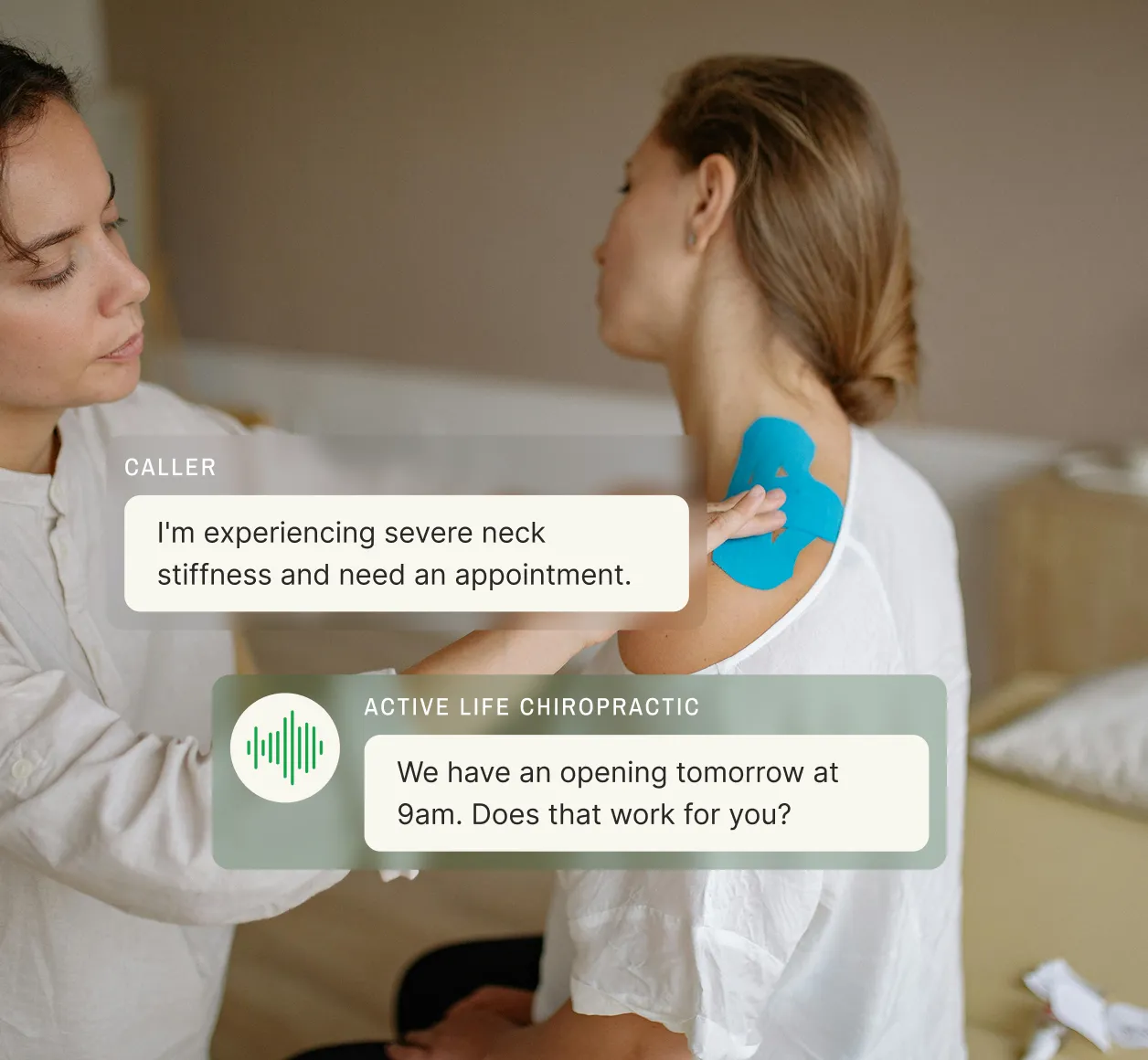 A caller requests an appointment for severe neck stiffness, and a chiropractic answering service offers an available time slot.