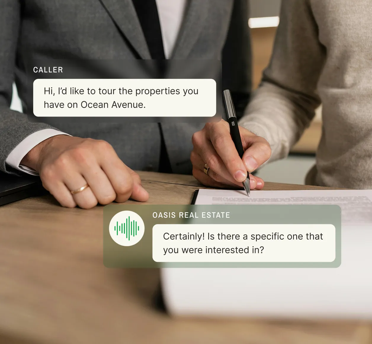 Missed call text back software shows a real estate caller requesting a tour and receiving a prompt follow-up question.