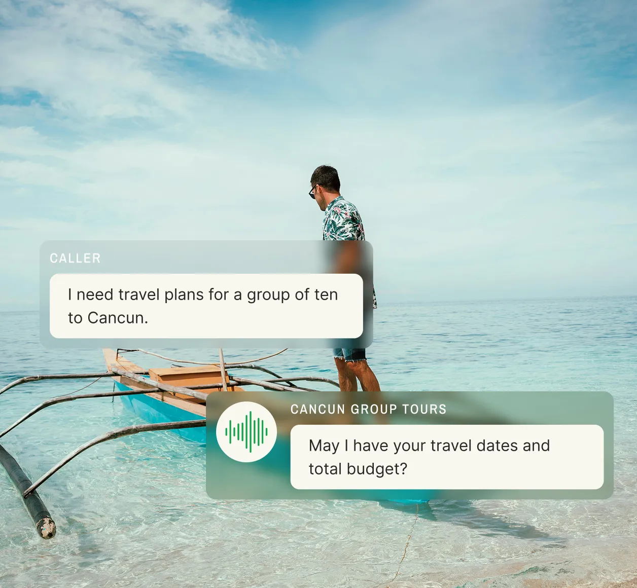 An answering service for travel agents handles a call requesting travel plans for a group of ten to Cancun and asks for travel dates and total budget.