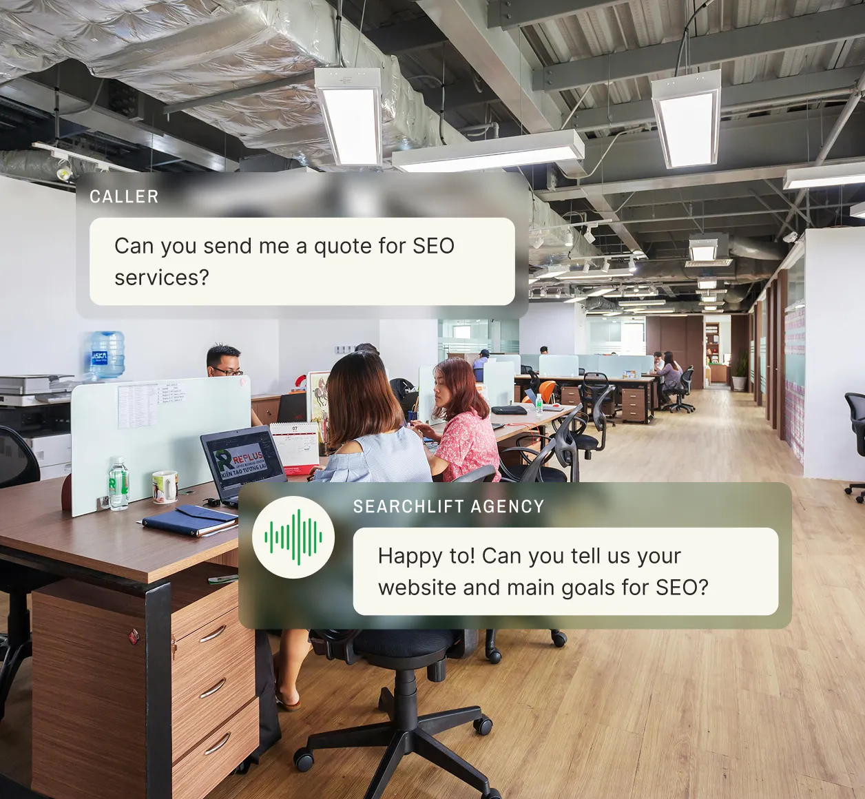 Busy office scene where an answering service for a marketing agency responds to a request for an SEO quote.