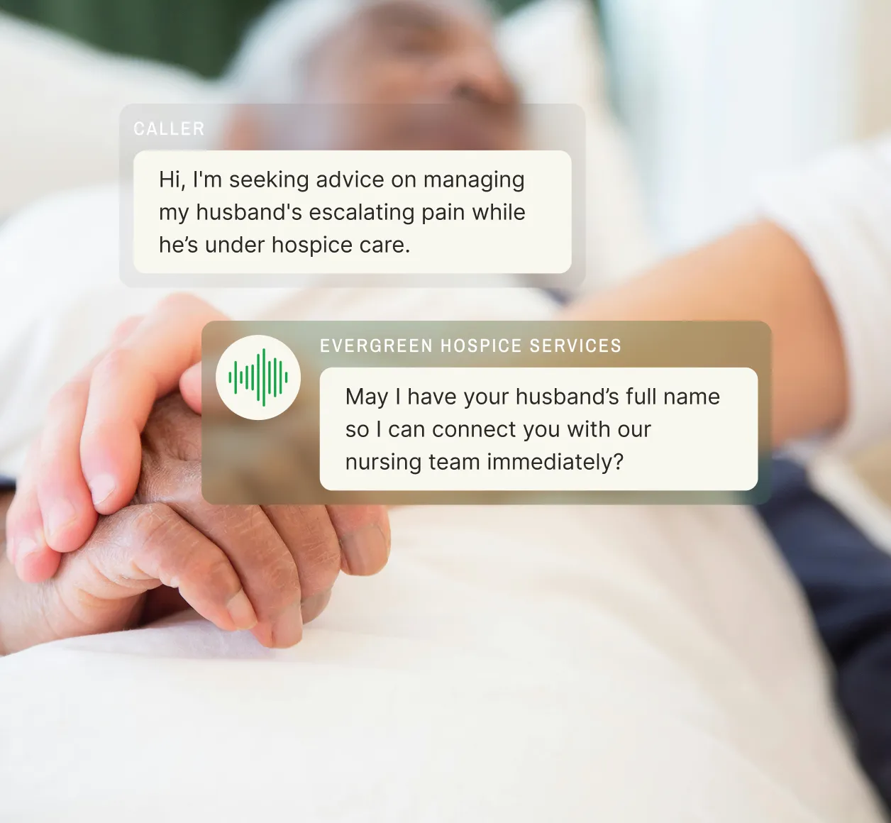 A hospice answering service agent responds to a caller seeking advice on managing their husband's escalating pain while under hospice care.