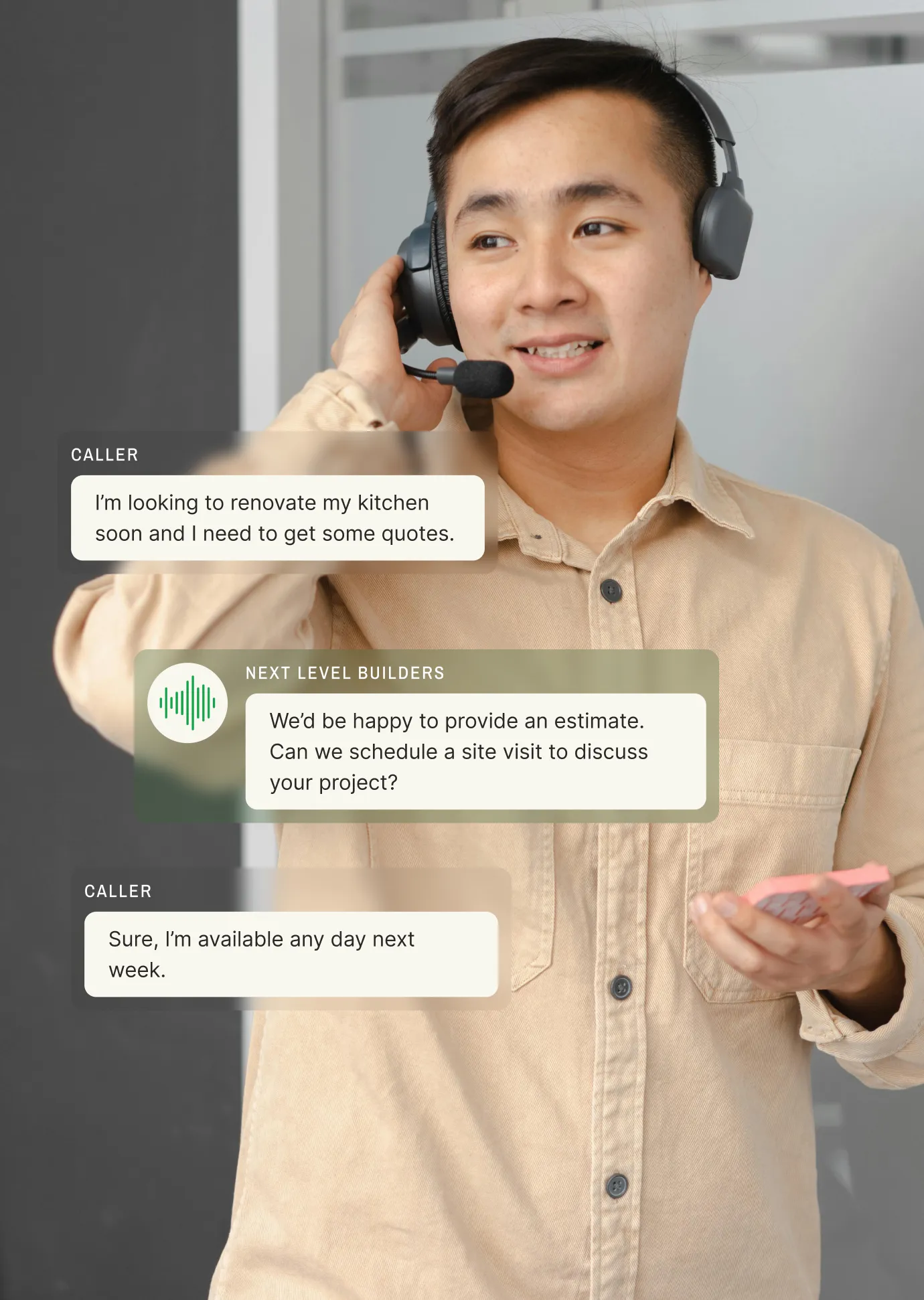 Homeowner scheduling a site visit for kitchen renovation quotes, managed by a virtual answering service.