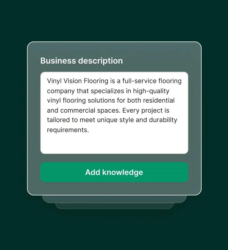 A business description form is shown, where a flooring company adds details about their services, highlighting how a flooring contractor answering service can customize responses based on business offerings.
