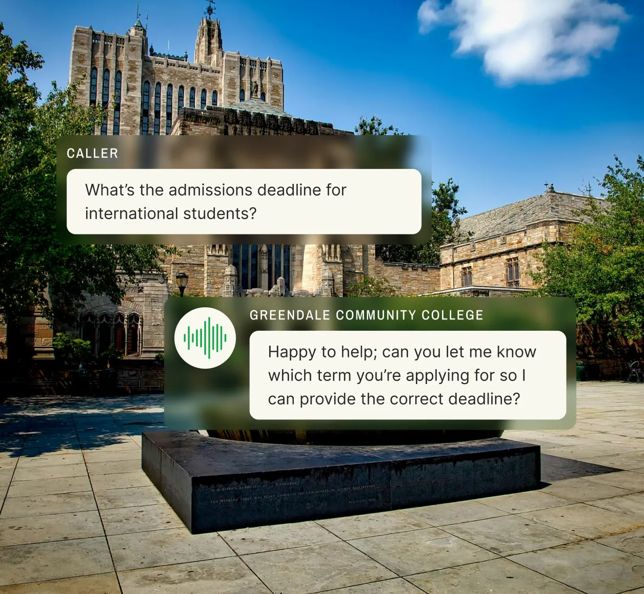 A university courtyard with historic architecture serves as the backdrop for a caller asking about international student admission deadlines, while the education answering service asks for the applicant’s intended term to provide the correct information.