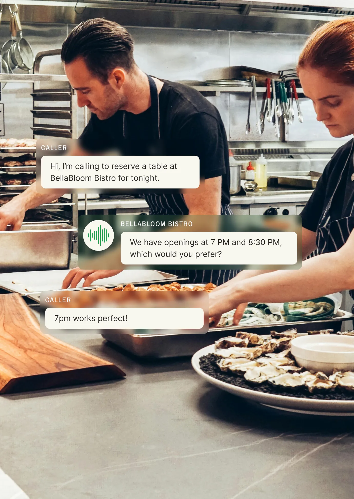 Two chefs work in a restaurant kitchen while a simulated conversation highlights how franchise answering services streamline reservation inquiries.