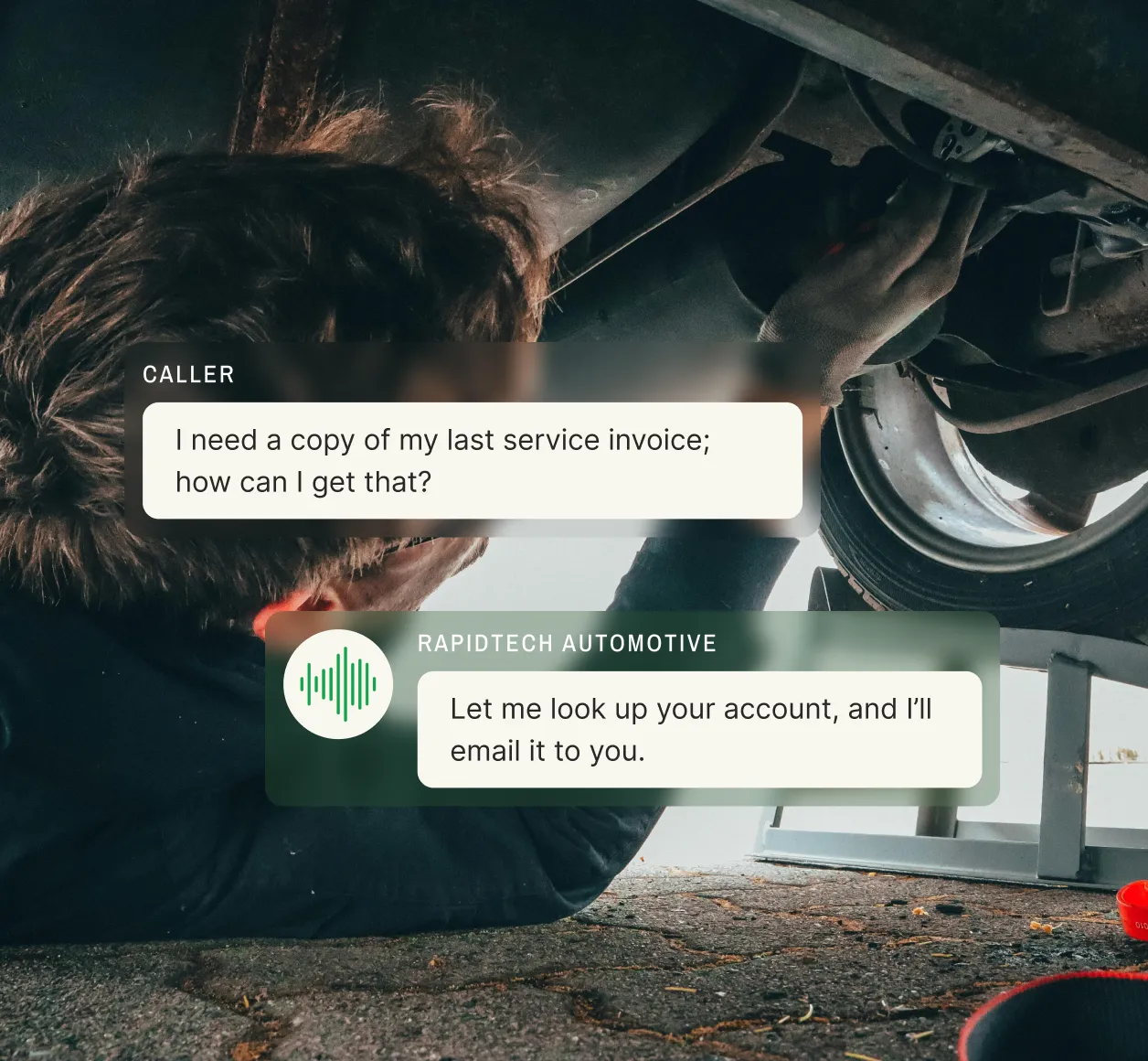 A customer asks for a past service invoice, and an automotive answering service offers to look up and email it.