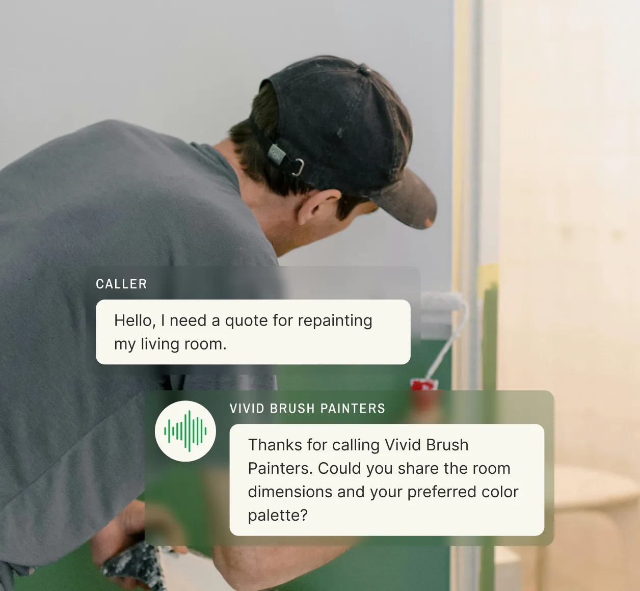 A painter responds to a customer query with a call transcript overlay, illustrating how call recording software for small business improves customer interactions.