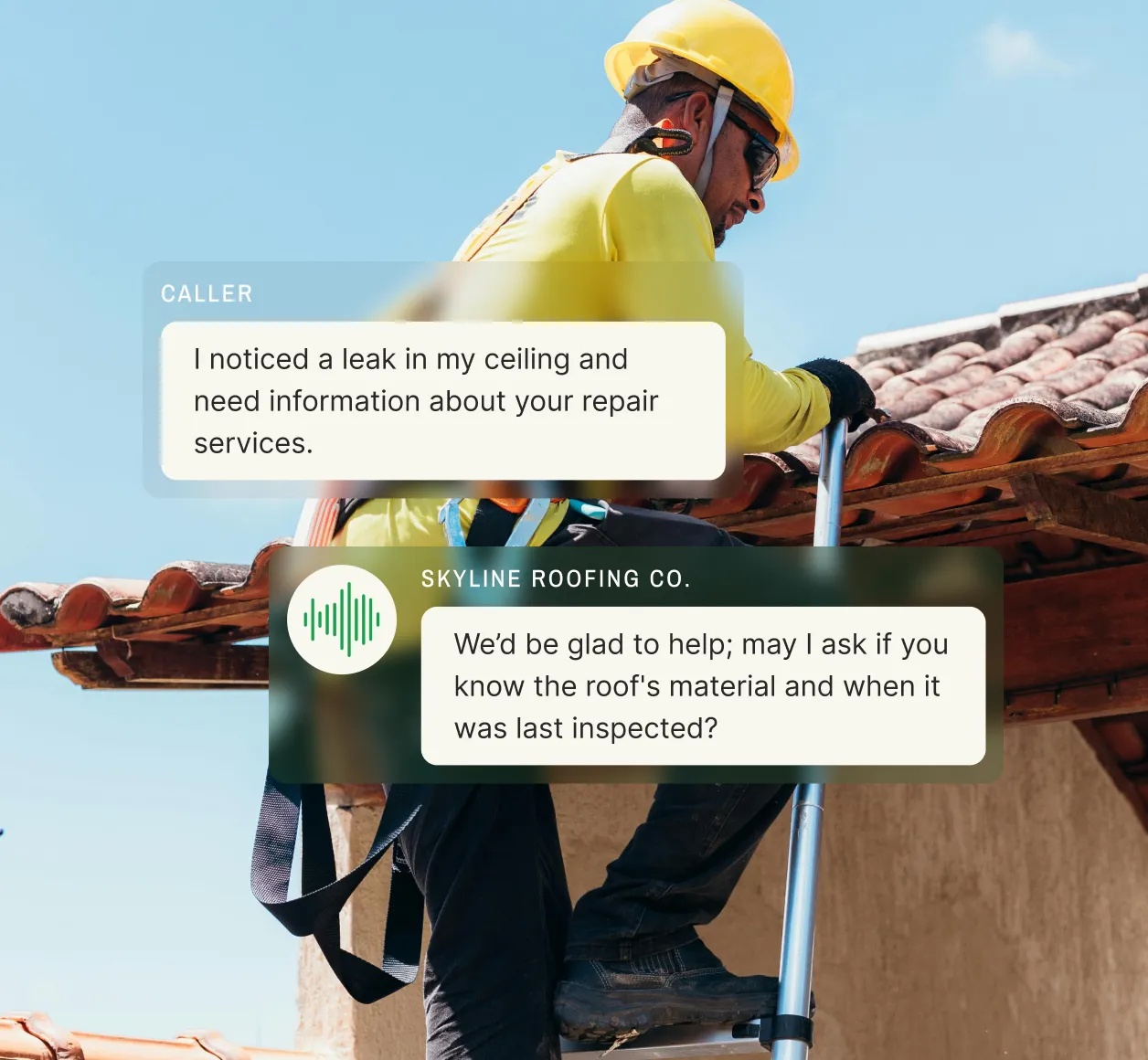 Caller reports a roof leak and a lead qualification service uses 24/7 call capture to inquire about roof material and the last inspection.