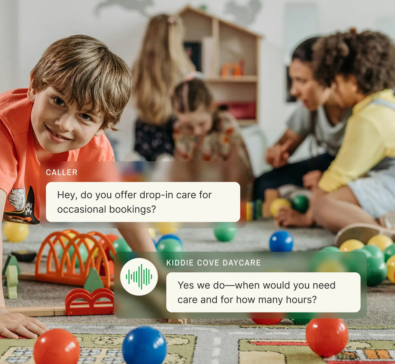A daycare answering service confirms they offer drop-in care and asks when and for how long care is needed.