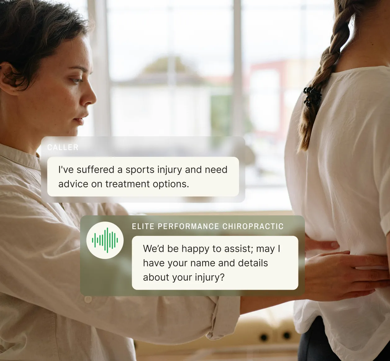 A caller seeks treatment advice for a sports injury, and a chiropractic office answering service collects details to assist.