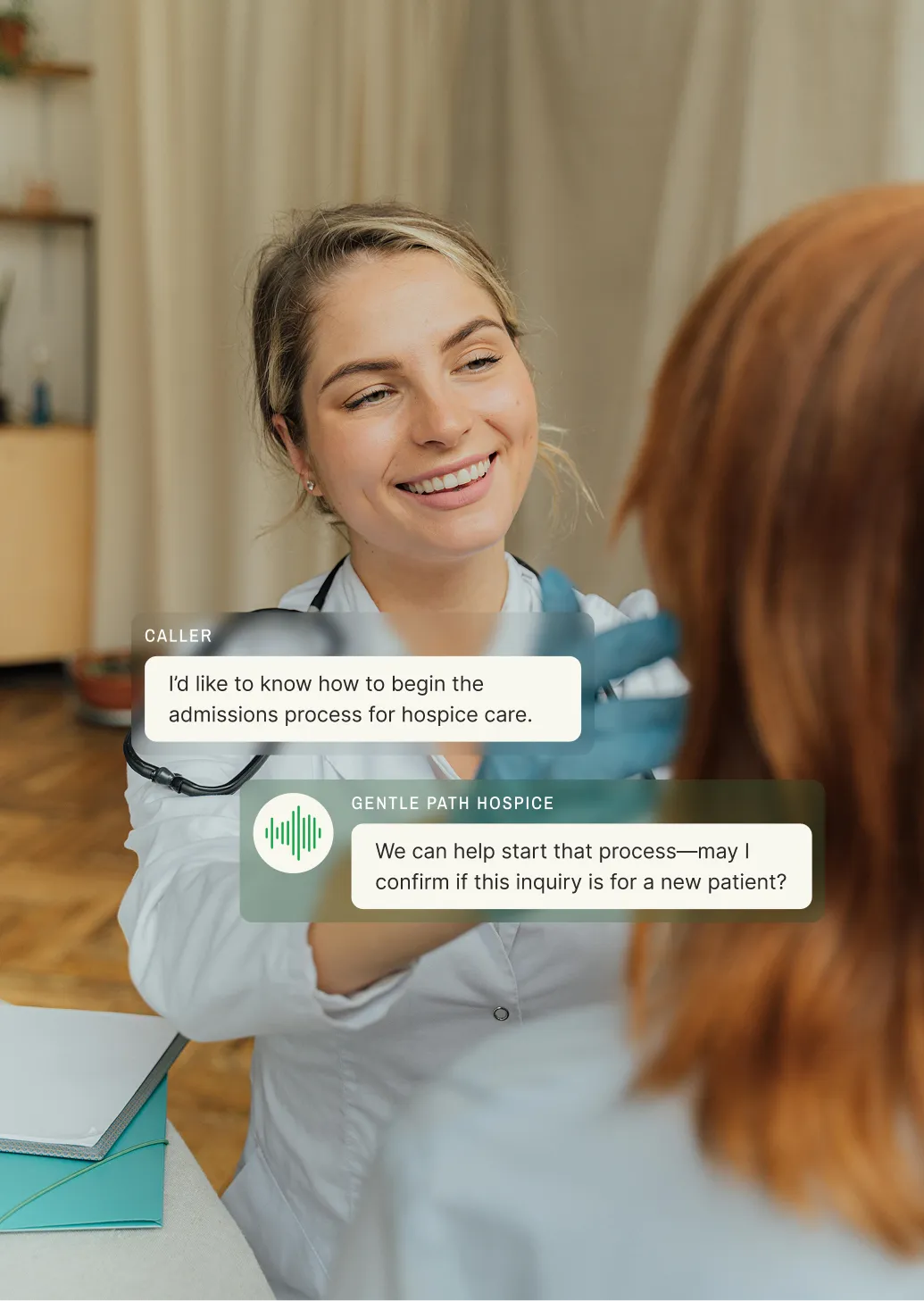A hospice answering service agent responds to a caller asking how to begin the admissions process for hospice care, confirming if the inquiry is for a new patient.