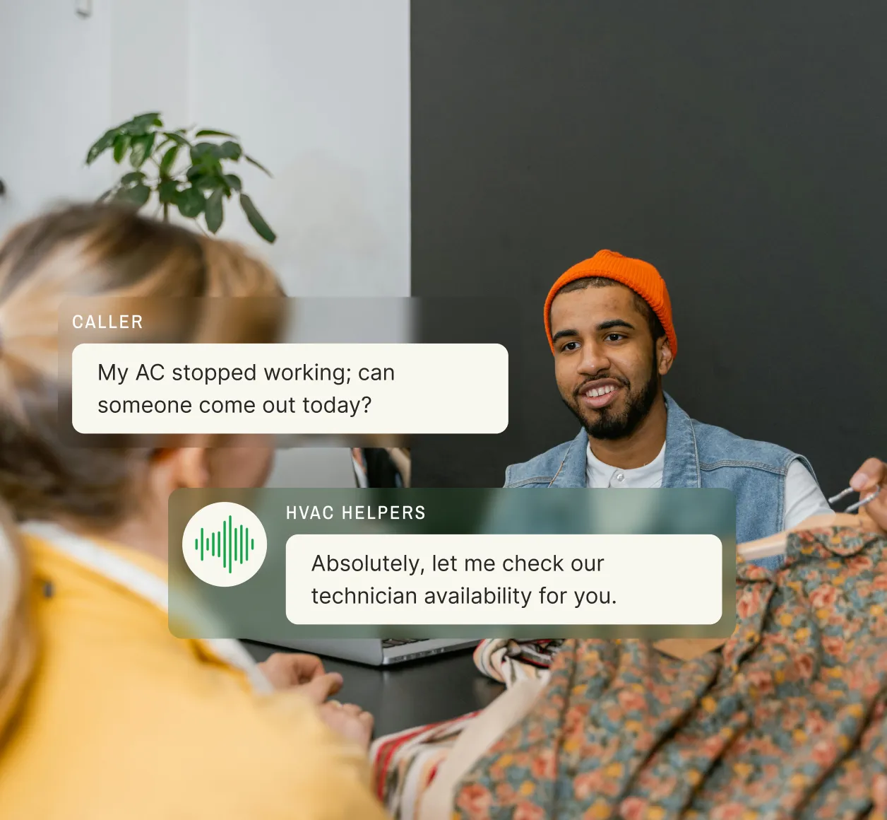 A virtual electronic receptionist helping schedule an urgent AC repair service for a caller in need.