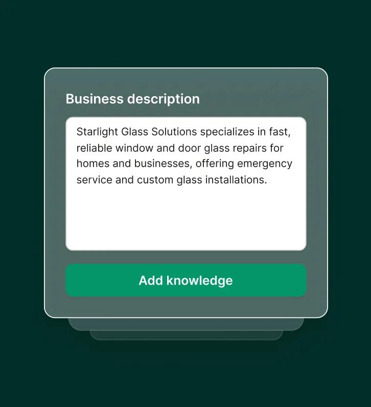 Business description form for a glass repair answering service showing details of services offered.