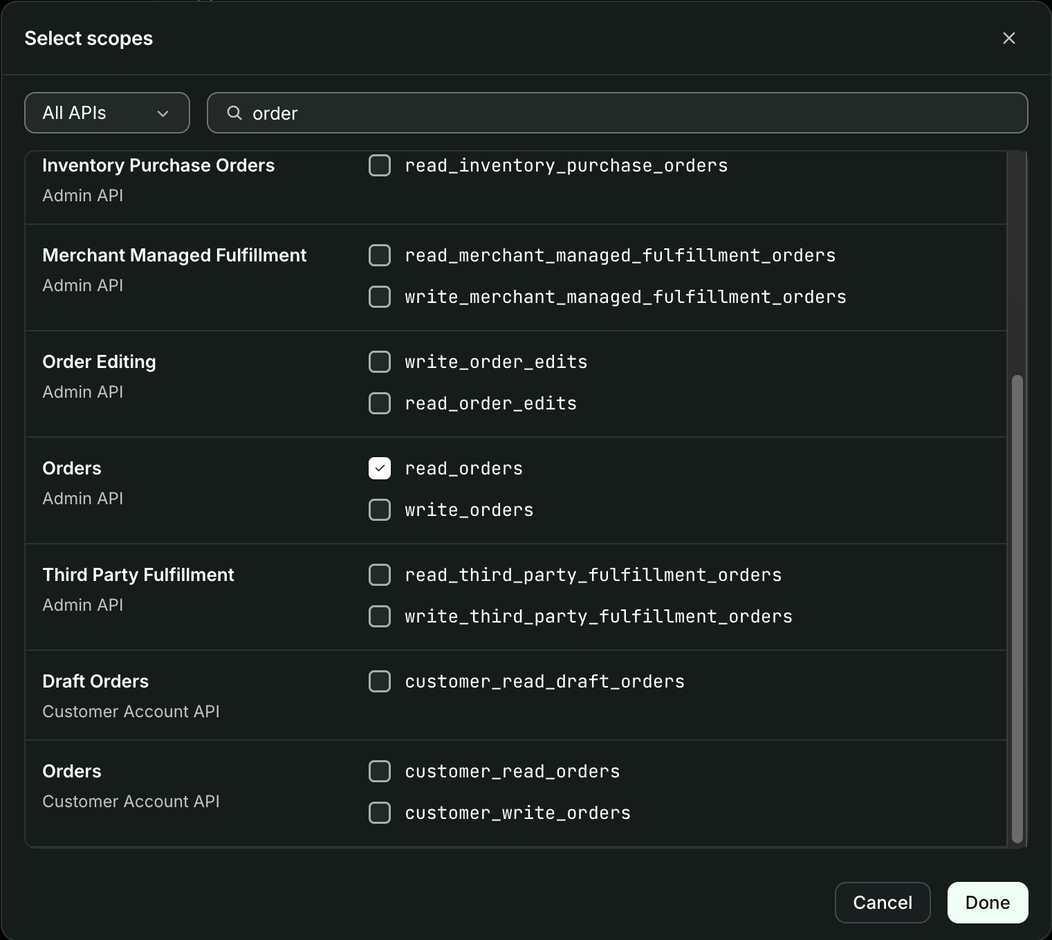 Shopify Dev Dashboard scope picker with read_orders checked