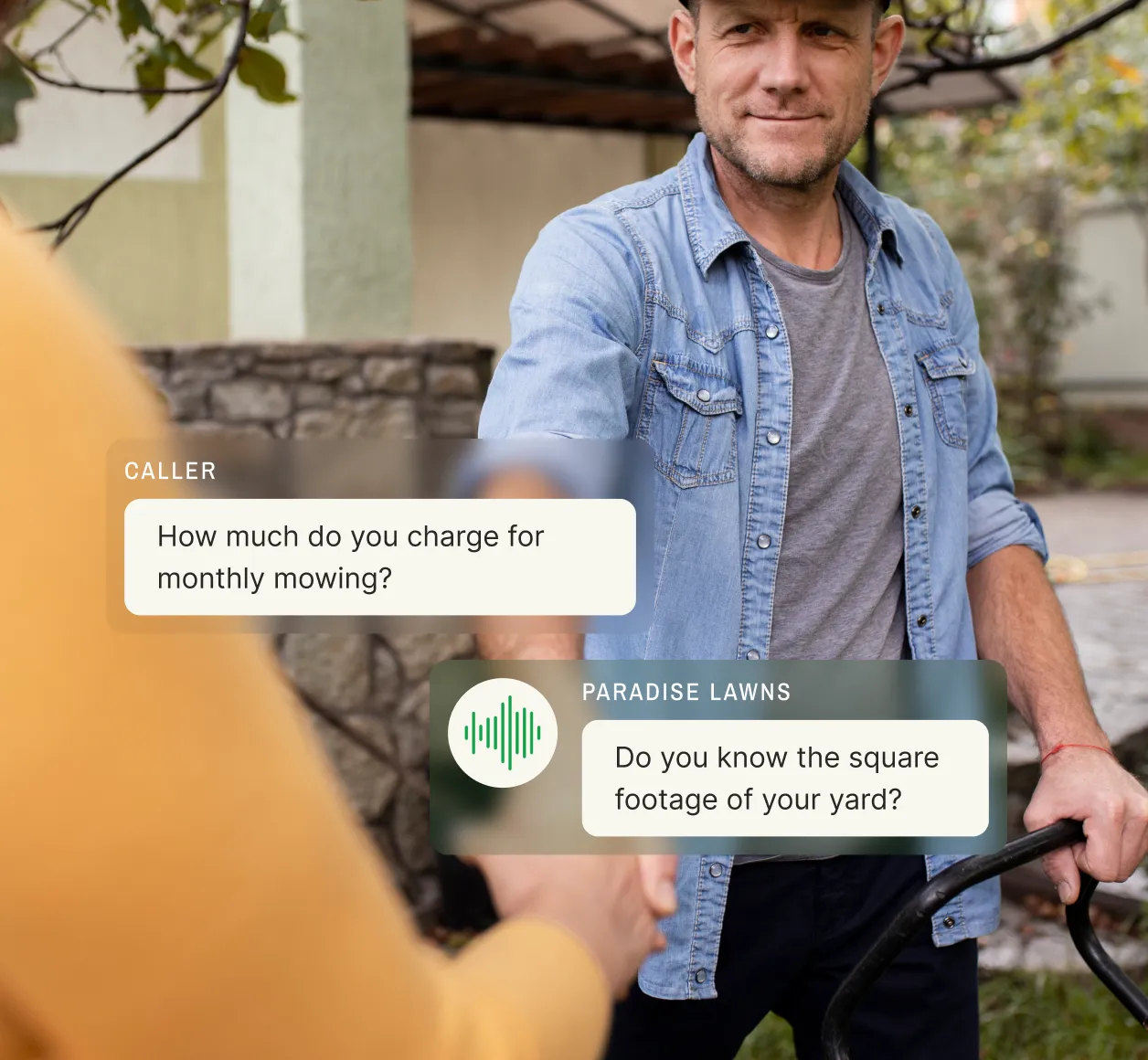 Professional landscaping service using virtual receptionist to collect yard size information for lawn mowing quote