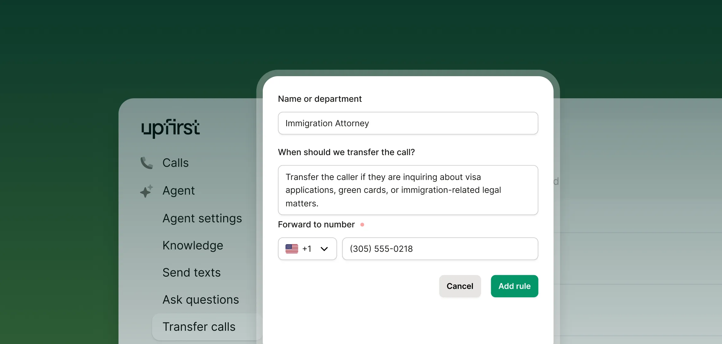 Screenshot of automated answering system UI showing the ability to set call routing rules