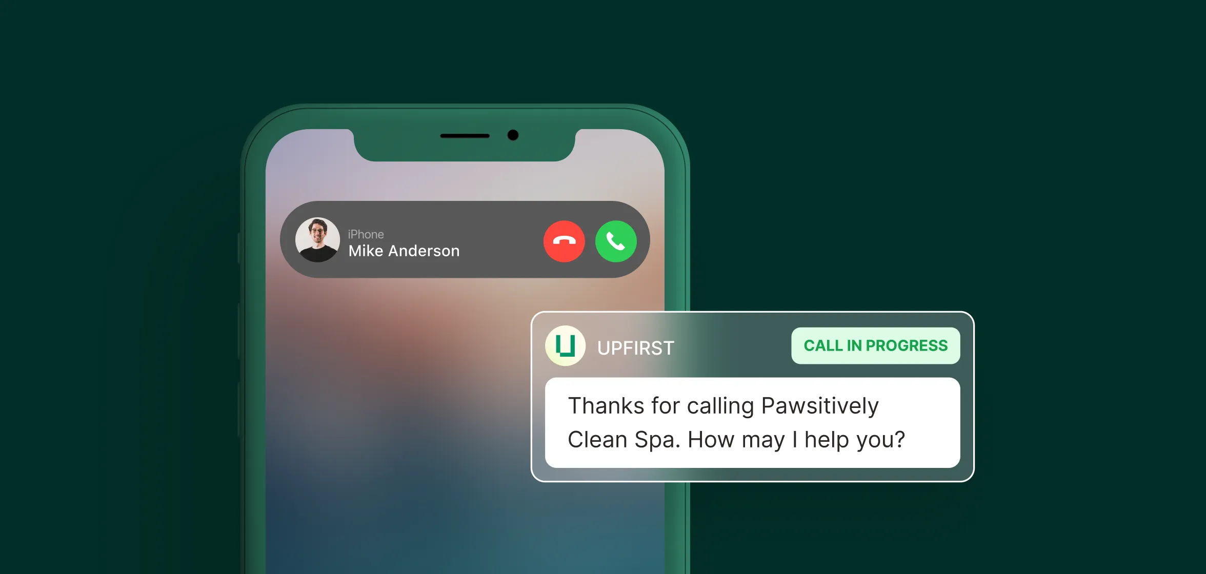 Pet grooming phone answering service greeting incoming call from customer on mobile device.