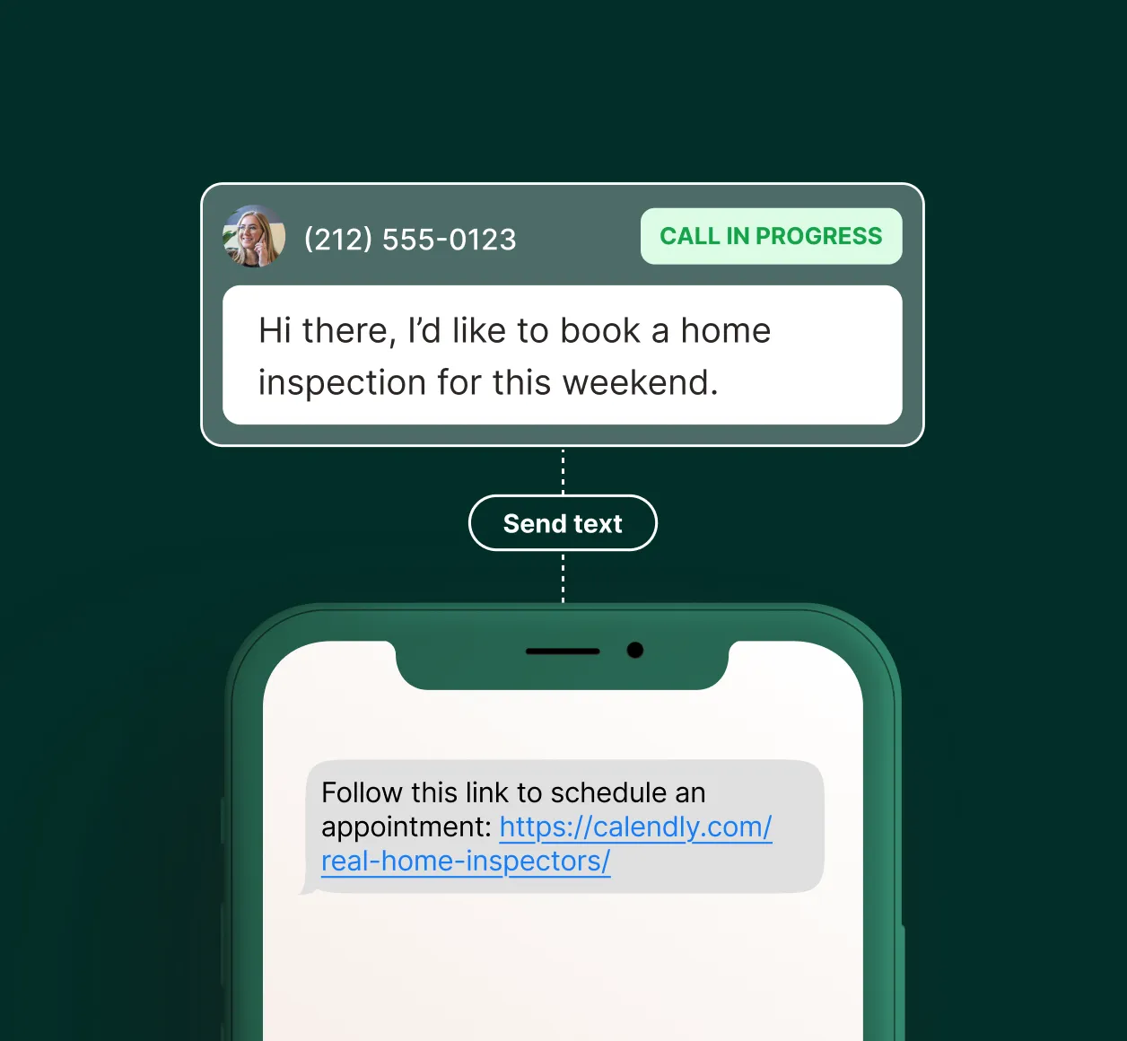 A caller books a weekend inspection and the answering service for home inspectors sends a scheduling link via text.