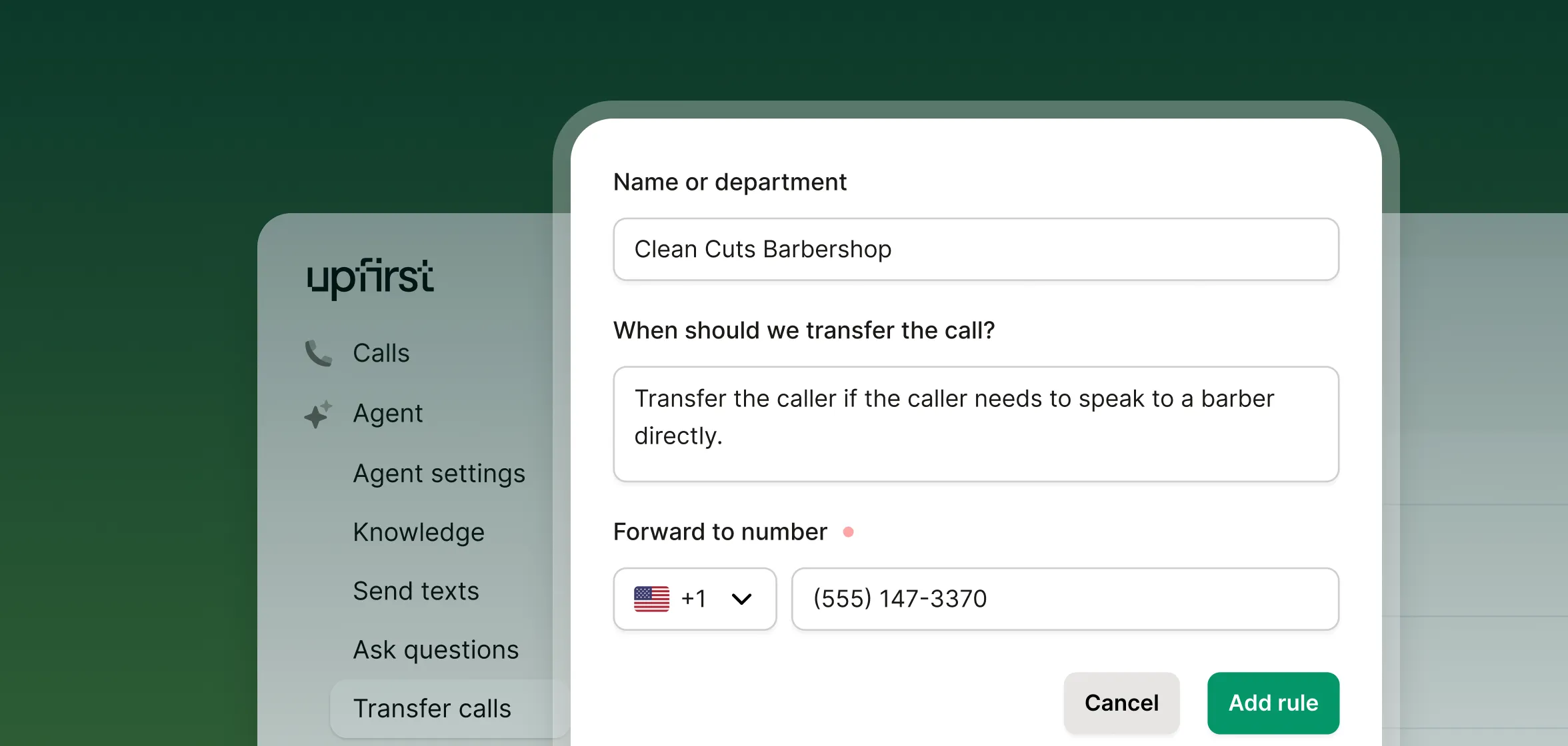 Answering service for refinishing companies collecting caller information including name, project description, and phone number.