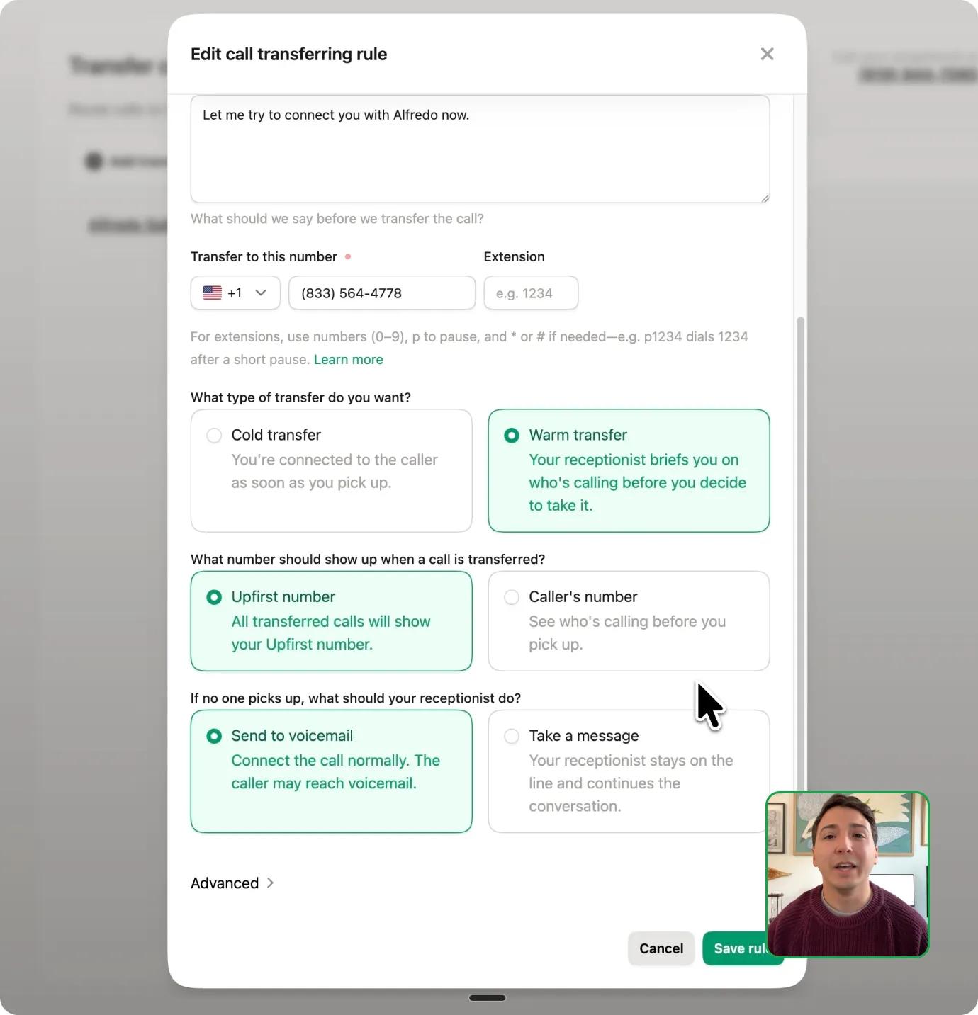 Thumbnail of Upfirst demo video demonstrating how an AI receptionist can be trained to answer calls for law firms.