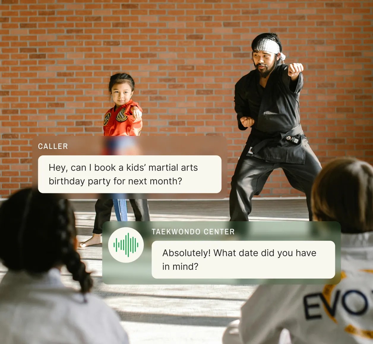 A martial arts school answering service responds to a parent asking about booking a kids’ birthday party.