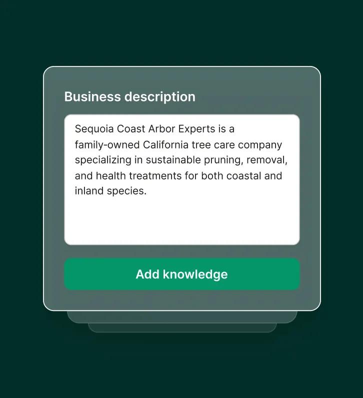 A business description entry box allows customization of a tree care answering service profile.