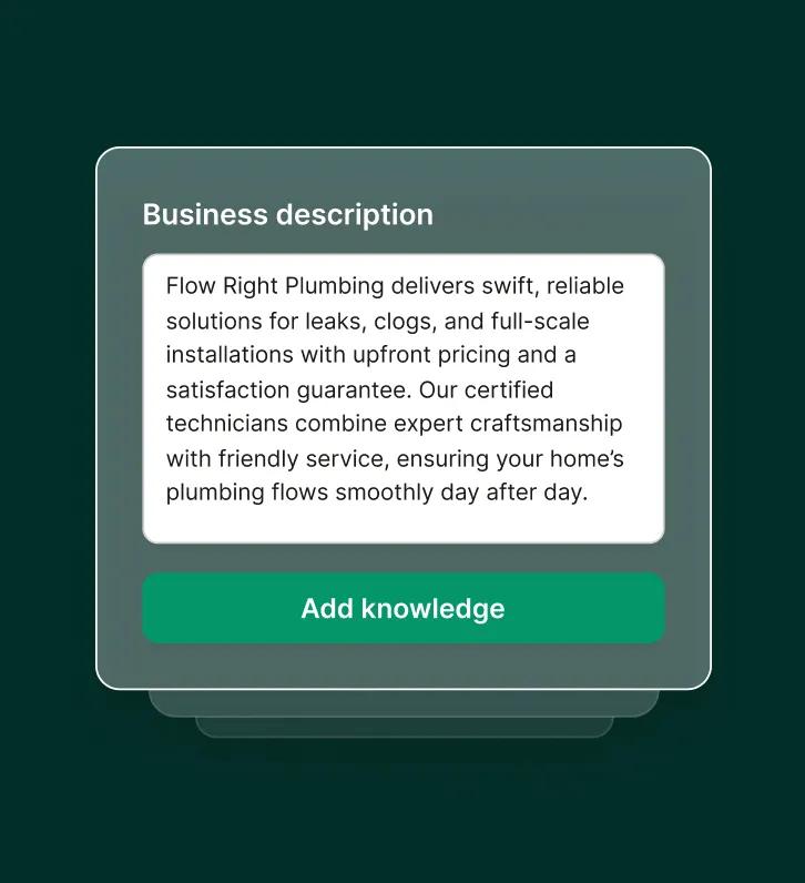 A plumbers answering service dashboard lets you add a business description in a text box before saving its knowledge.