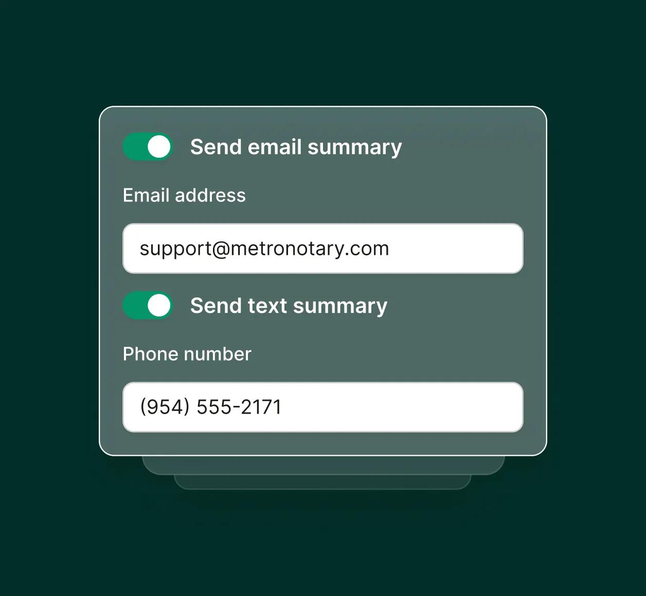 Settings panel for a notary answering service enables email and text summaries with fields for an email address and phone number.