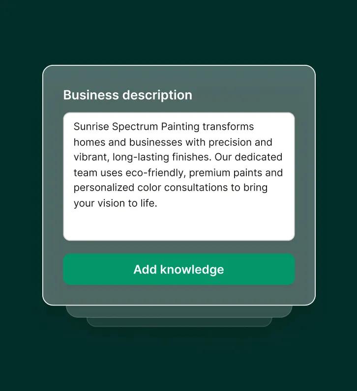 Interface showing a business description input form with a “Add knowledge” button for a voicemail assistant.