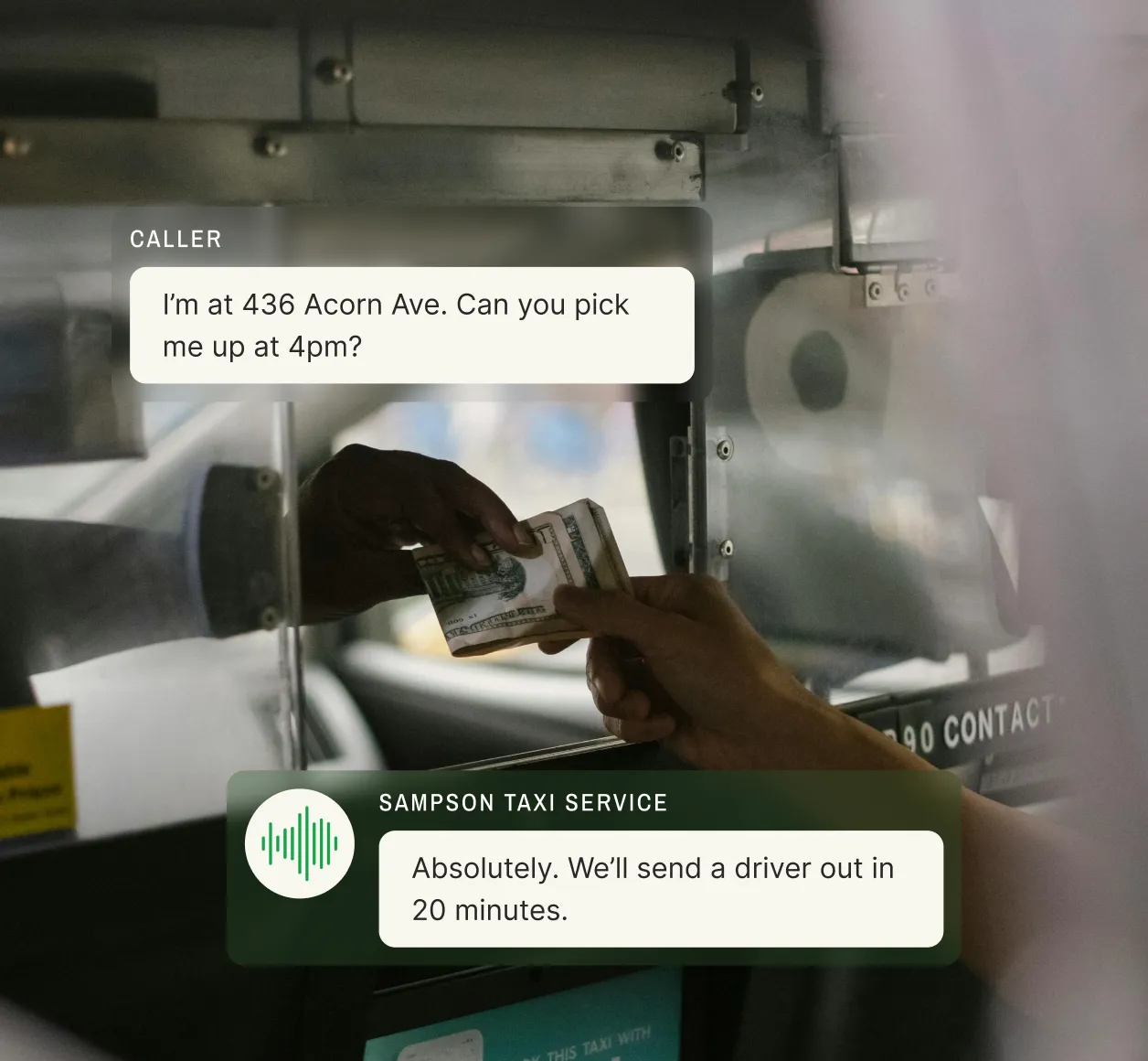 A passenger pays cash to a taxi driver after scheduling a ride through a dispatch service for taxis.