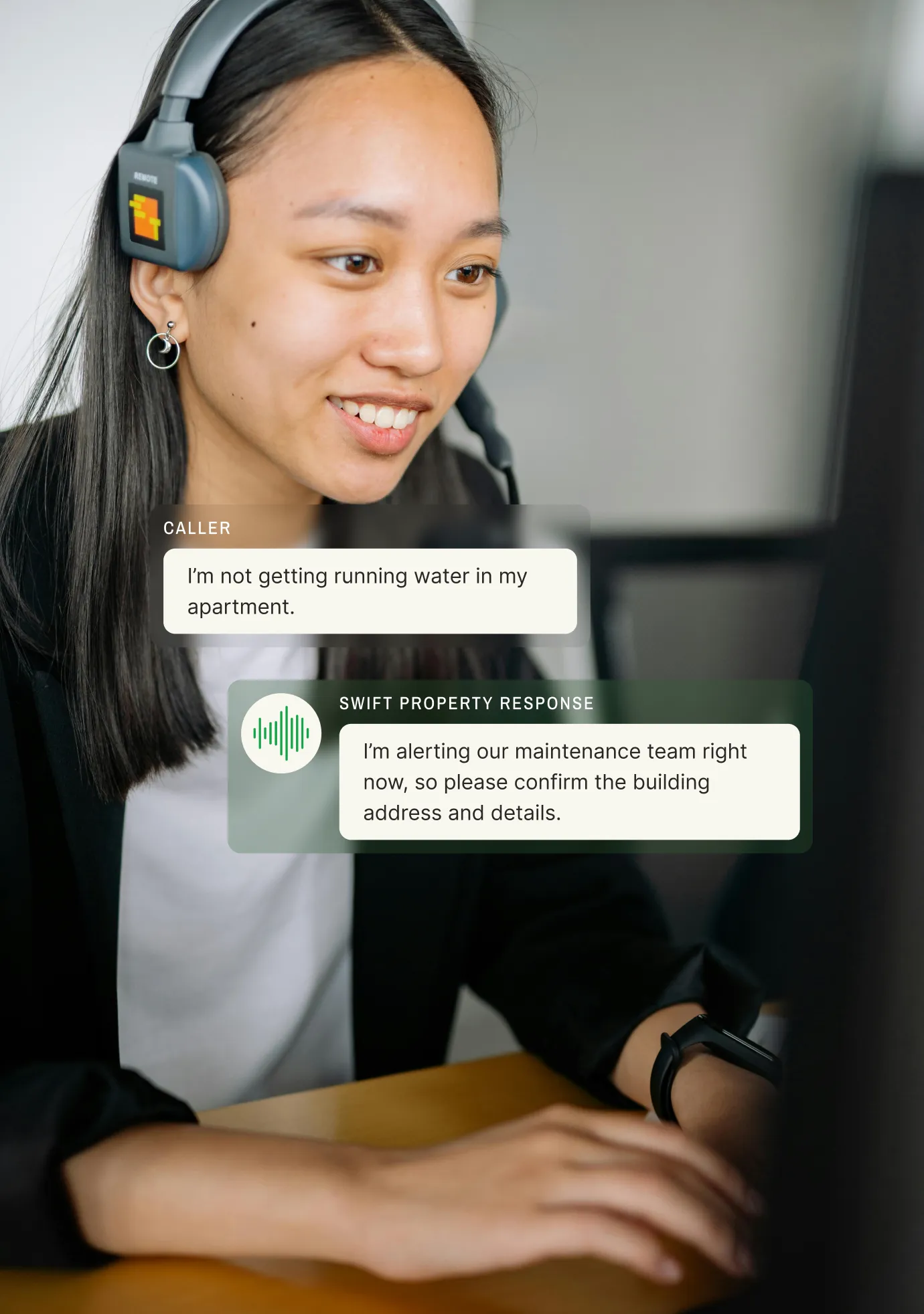 A dispatch call center agent wearing a headset responds to a caller reporting no running water, with a message confirming a maintenance team is being alerted.
