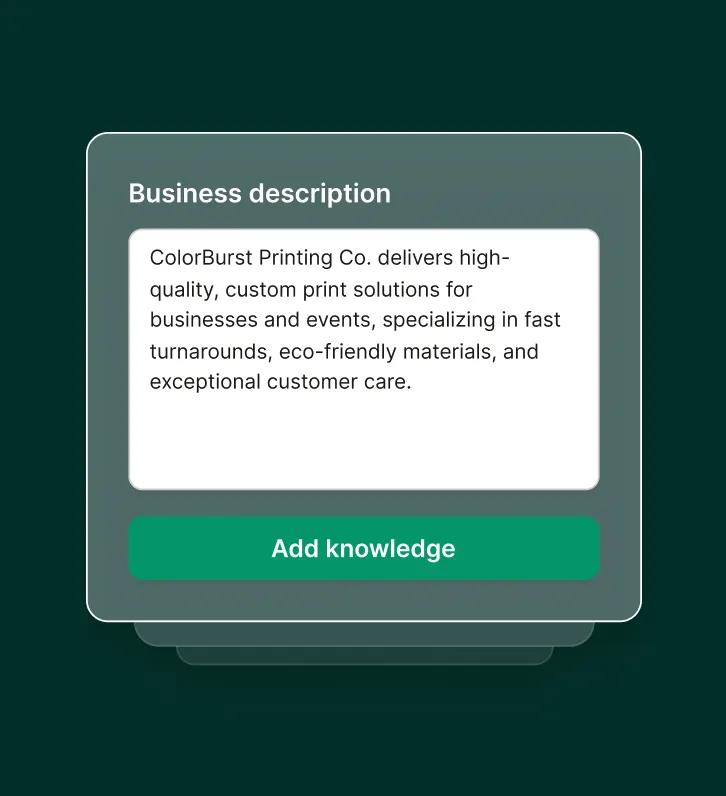 A print shop answering service knowledge card describes high-quality custom print solutions, fast turnarounds, eco-friendly materials, and exceptional customer care.