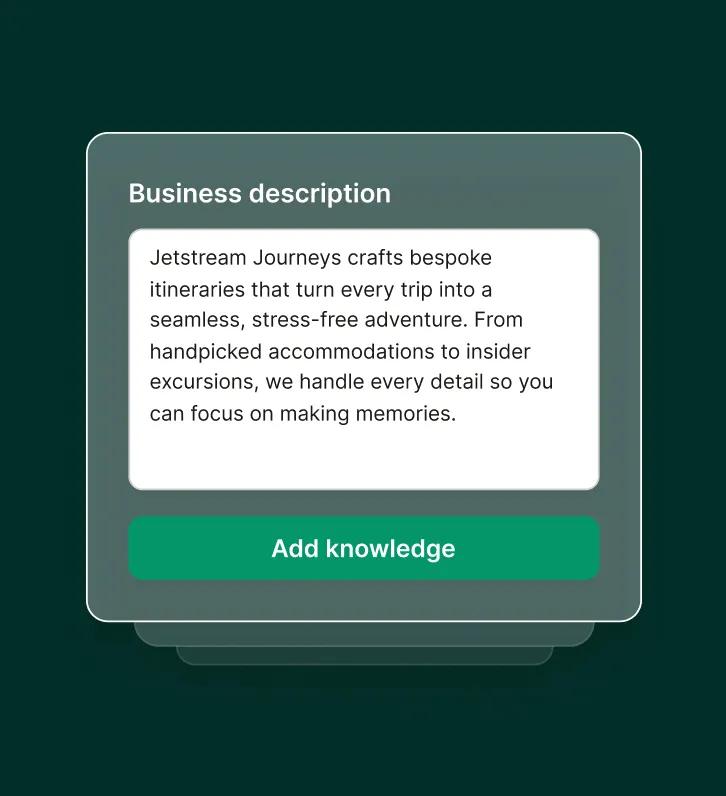 An answering service for travel agents shows a business description input screen with a text field describing bespoke travel itineraries.